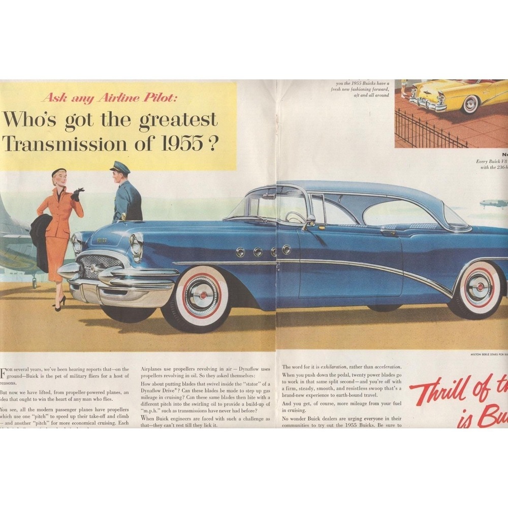 1955 Buick Dynaflow Transmission Vintage‎ 2 Page Print Ad MCM Classic Car Decor